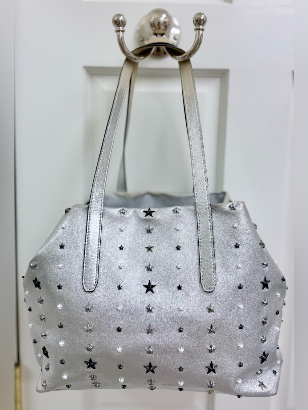 JIMMY CHOO Y2K Classic Metallic Silver Star Studded Leather Shoulder Tote Bag